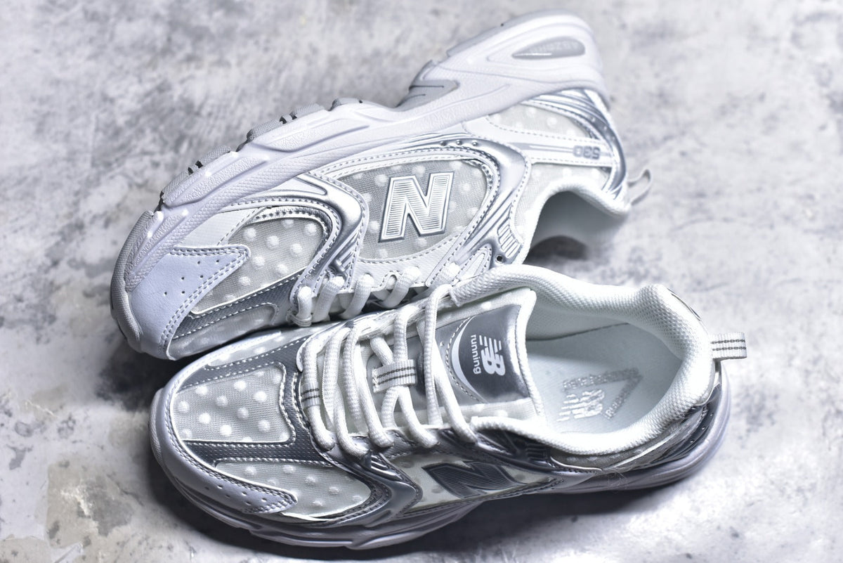 New Balance 530 Silver White Polka Dot Mesh Retro Dad Sneaker – Unisex | Style No. MR530HFW